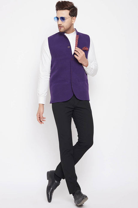 Buy Men's Wool Solid Nehru Jacket in Purple