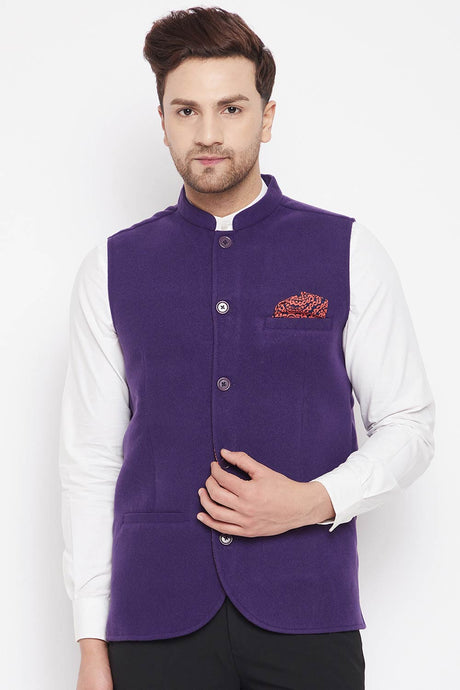 Buy Men's Wool Solid Nehru Jacket in Purple