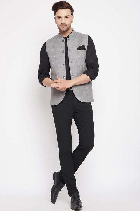 Buy Men's Wool Solid Nehru Jacket in Grey