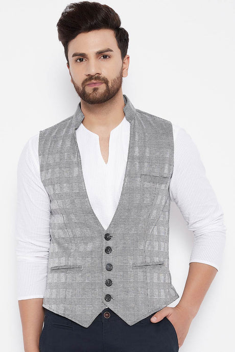 Buy Men's Merino Checks Nehru Jacket in Grey