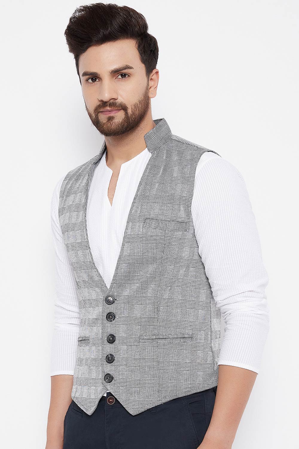 Buy Men's Merino Checks Nehru Jacket in Grey - Front