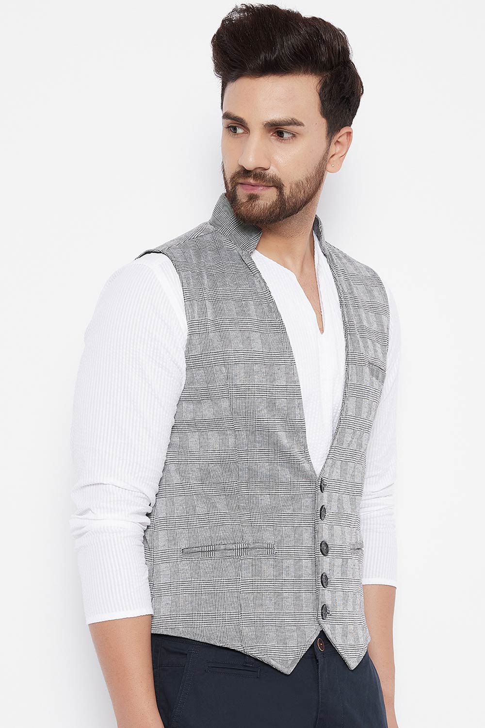 Buy Men's Merino Checks Nehru Jacket in Grey - Side