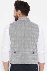 Buy Men's Merino Checks Nehru Jacket in Grey - Zoom in