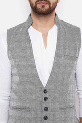 Buy Men's Merino Checks Nehru Jacket in Grey - Zoom Out