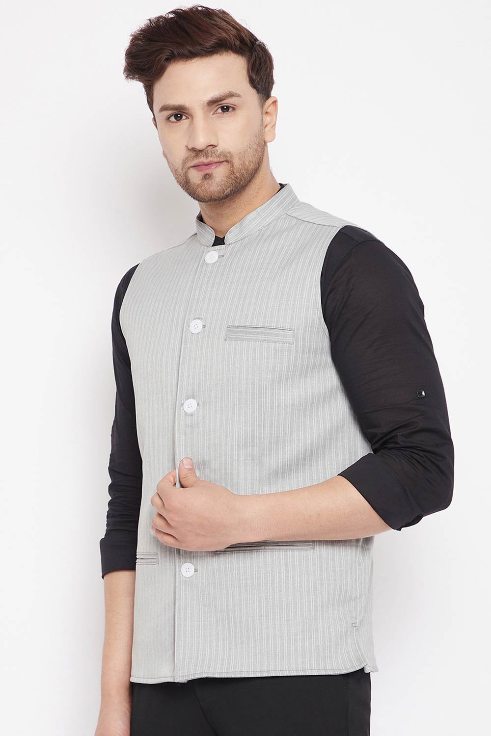 Buy Men's Merino Solid Nehru Jacket in Grey