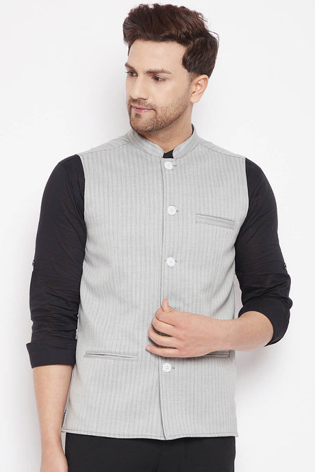 Buy Men's Merino Stripes Nehru Jacket in Grey