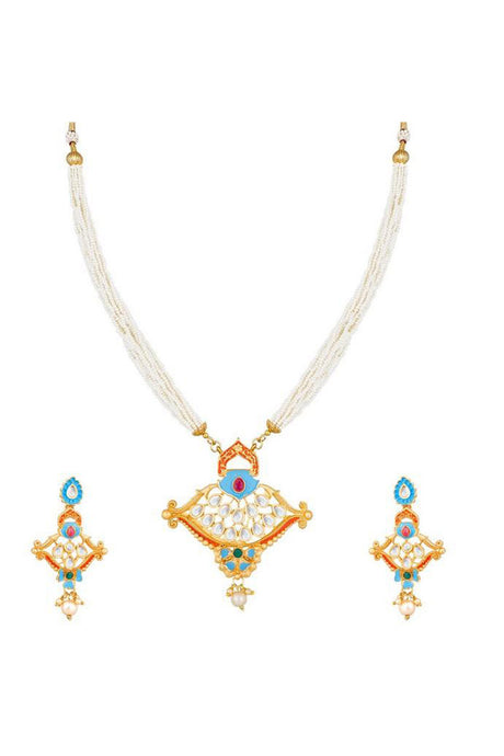 Women's Kundan-Studded Beaded Necklace with Earrings Set