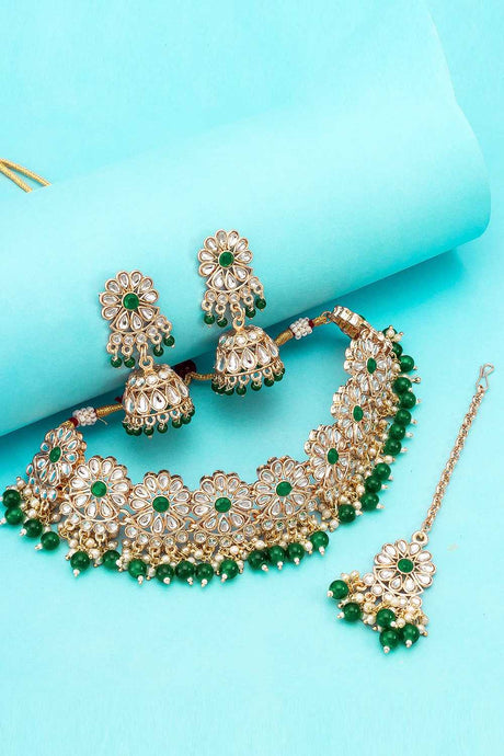 Buy Women's Alloy Necklace Set in Gold and Green