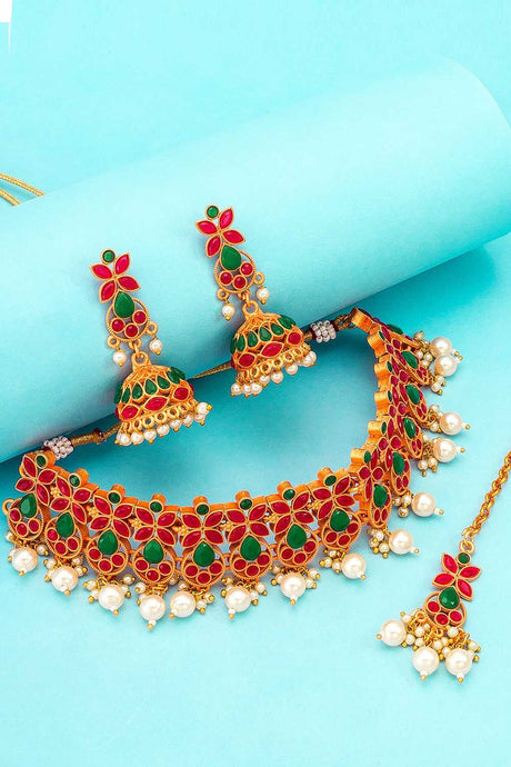 Buy Women's Alloy Necklace Set in Red and Green