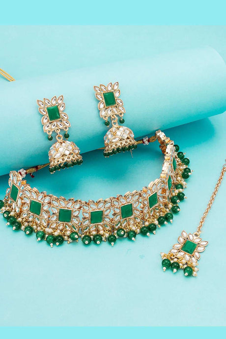 Buy Women's Alloy Necklace Set in Gold and Green
