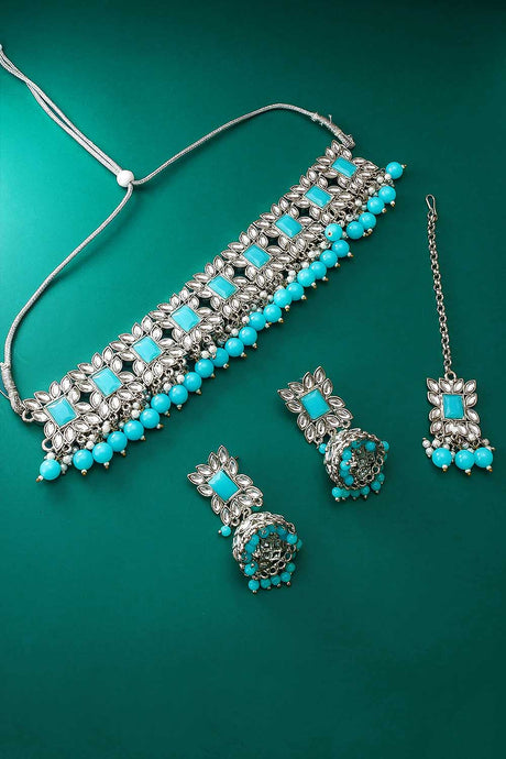 Buy Women's Alloy Necklace Set in Silver and Sky Blue