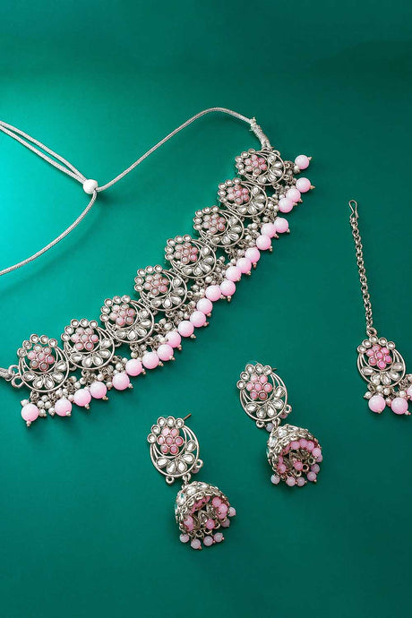 Buy Women's Alloy Necklace Set in Silver and Pink