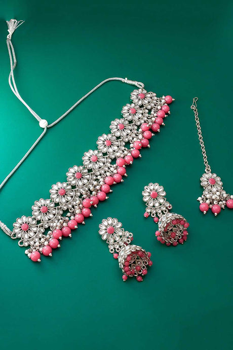Buy Women's Alloy Necklace Set in Silver and Pink