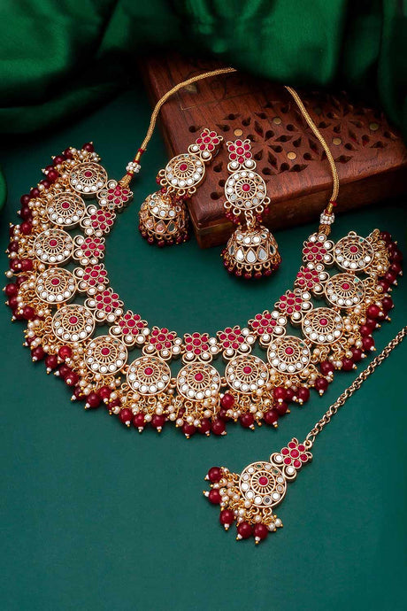 Buy Women's Alloy Choker Necklace Set in Maroon Online