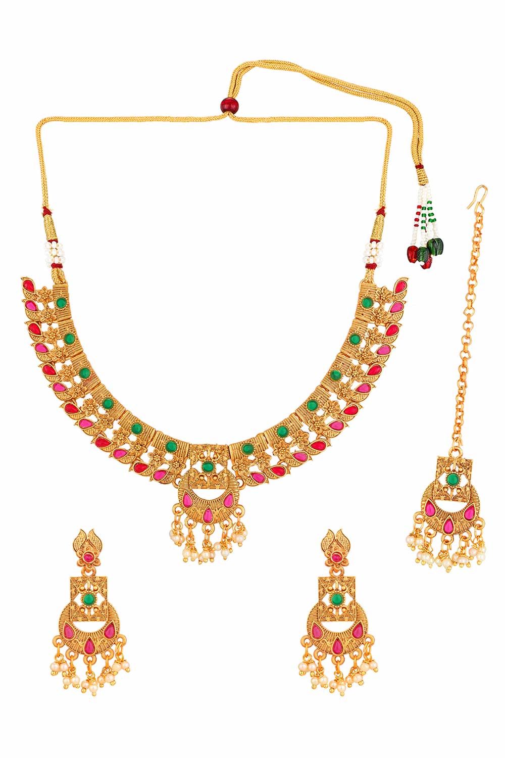 Traditional Gold Plated Temple Work Necklace With Maangtikka