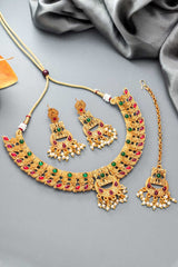 Traditional Gold Plated Temple Work Necklace With Maangtikka