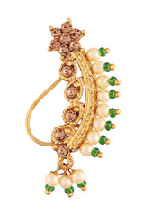 Green Gold Plated Pearl Stone Ethnic Bridal Nose Ring Or Nath Without Piercing