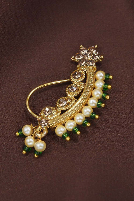 Green Gold Plated Pearl Stone Ethnic Bridal Nose Ring Or Nath Without Piercing