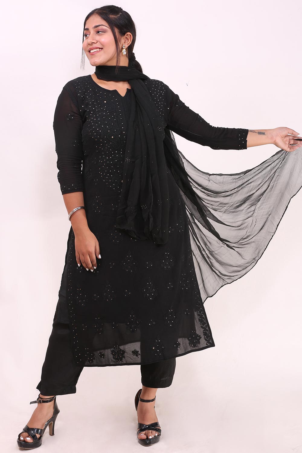 Chikankari And Mukaish Noori Kurti Top In Black