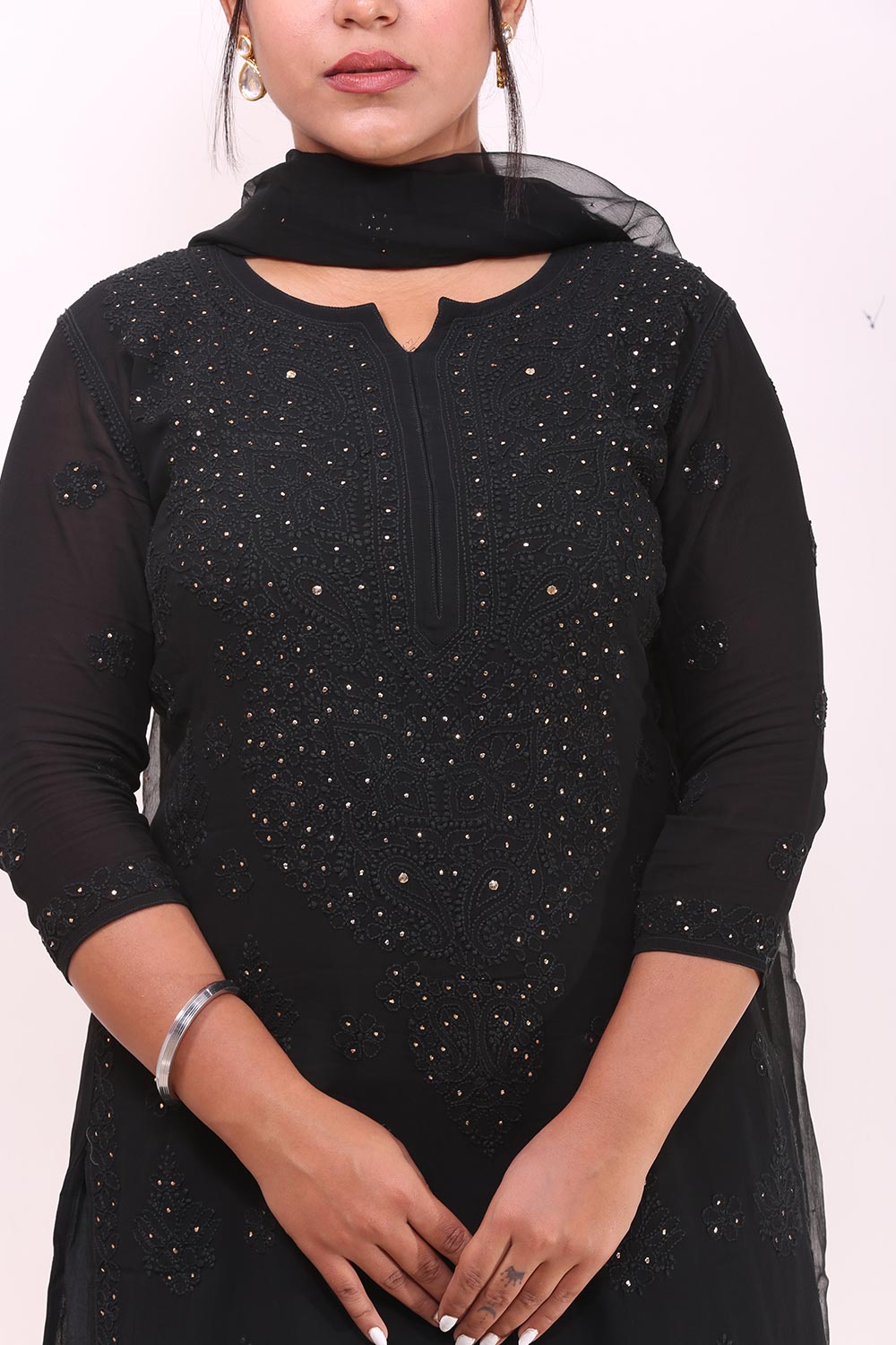 Chikankari And Mukaish Noori Kurti Top In Black