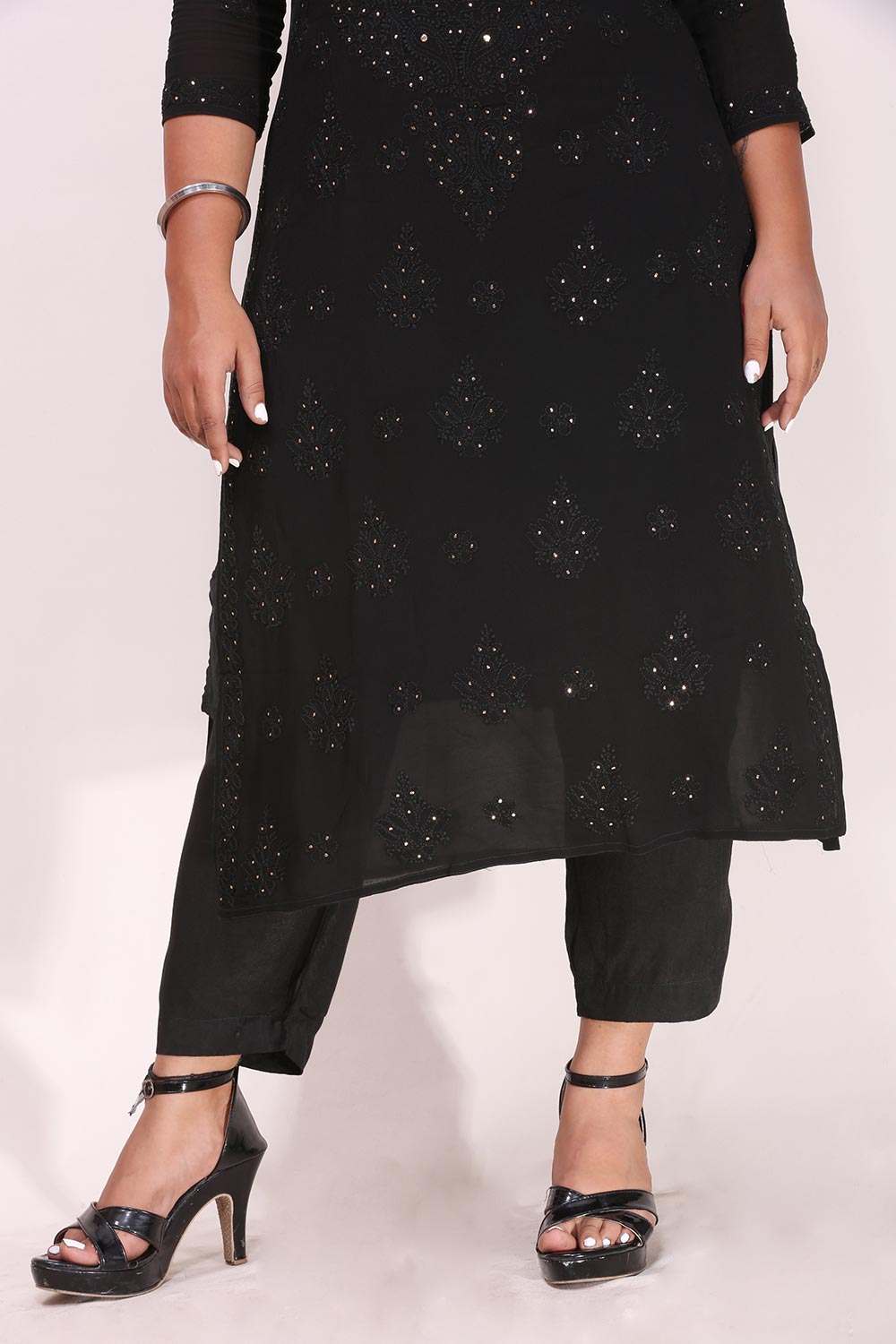 Chikankari And Mukaish Noori Kurti Top In Black