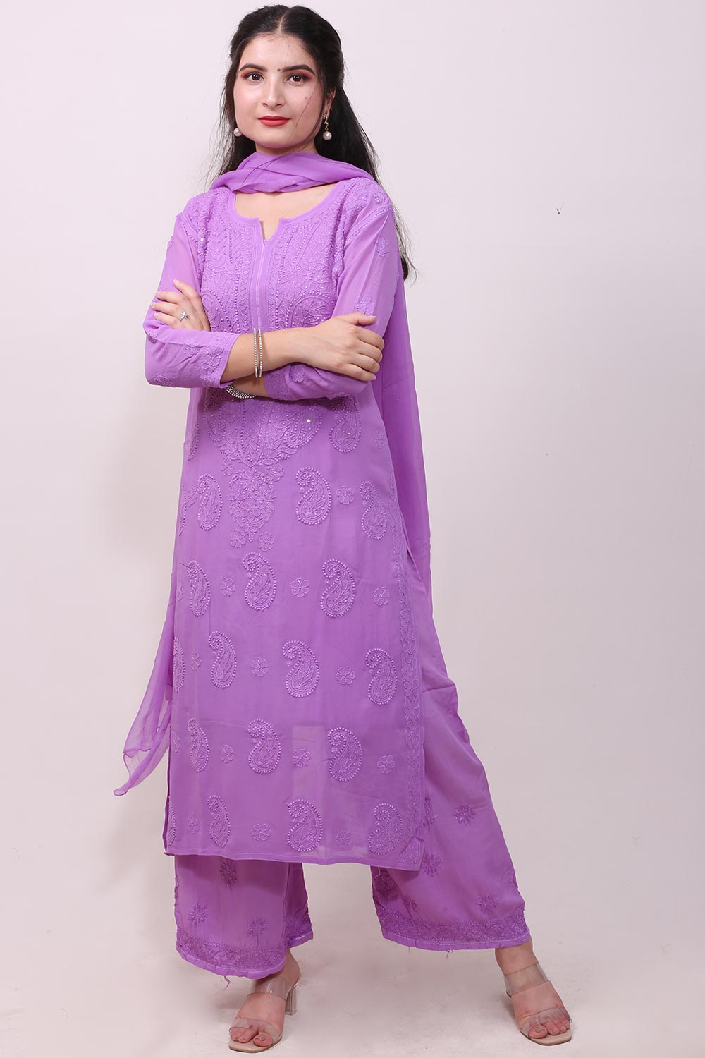 Chikankari And Mukaish Noori Kurti Top In Lavender