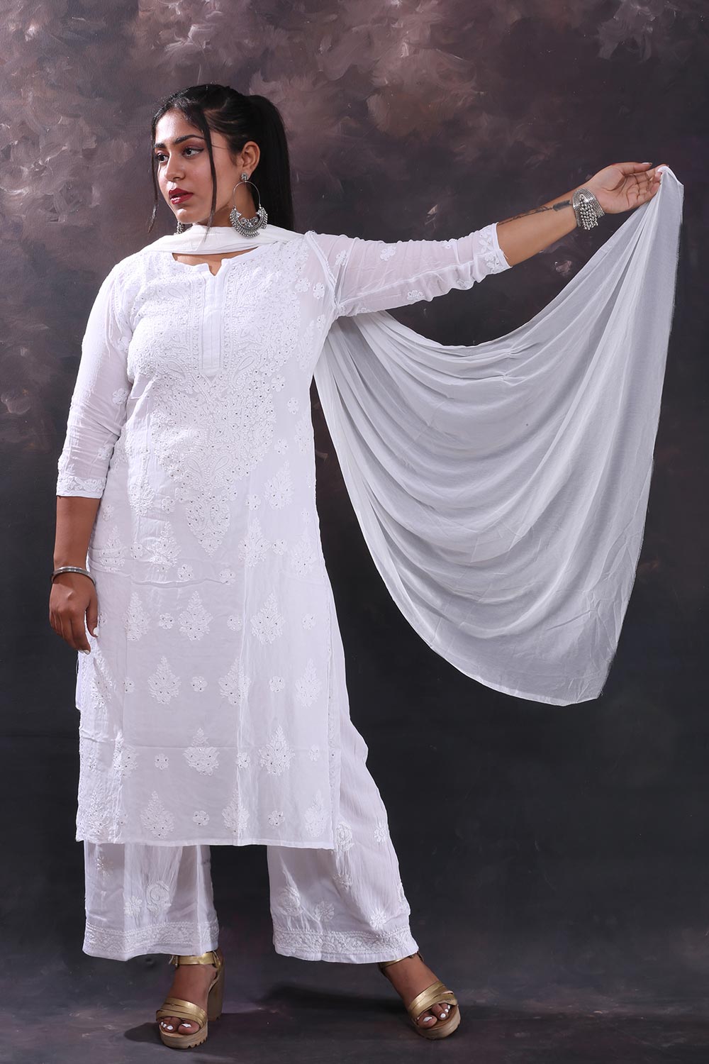 Chikankari And Mukaish Noori Kurti Top In White