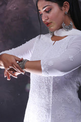 Chikankari And Mukaish Noori Kurti Top In White