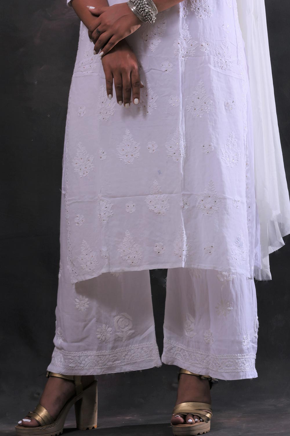 Chikankari And Mukaish Noori Kurti Top In White