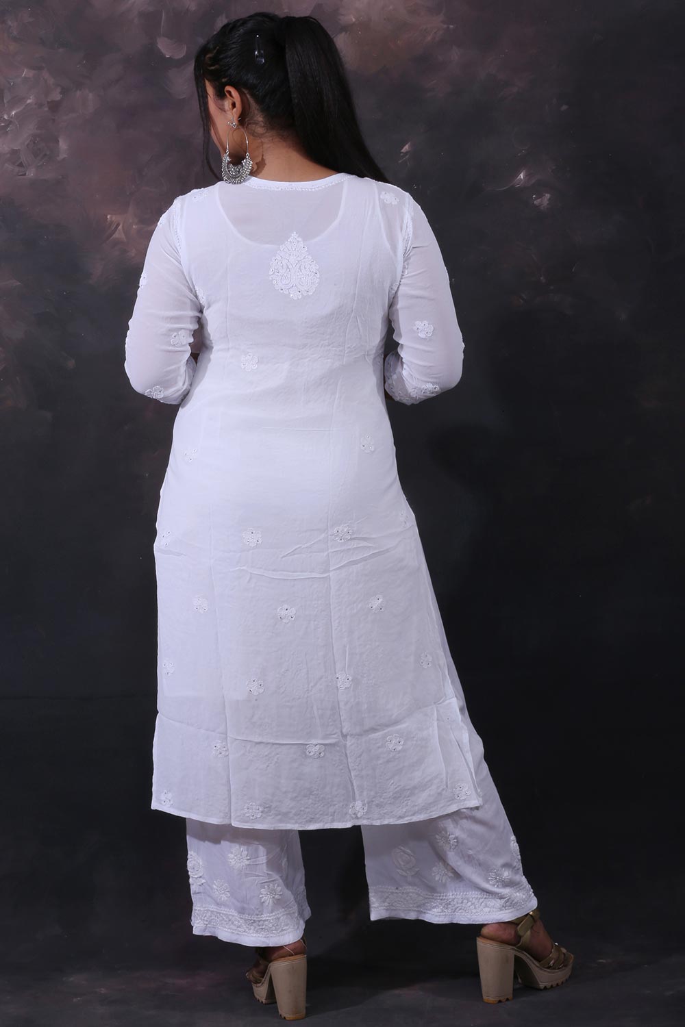 Chikankari And Mukaish Noori Kurti Top In White