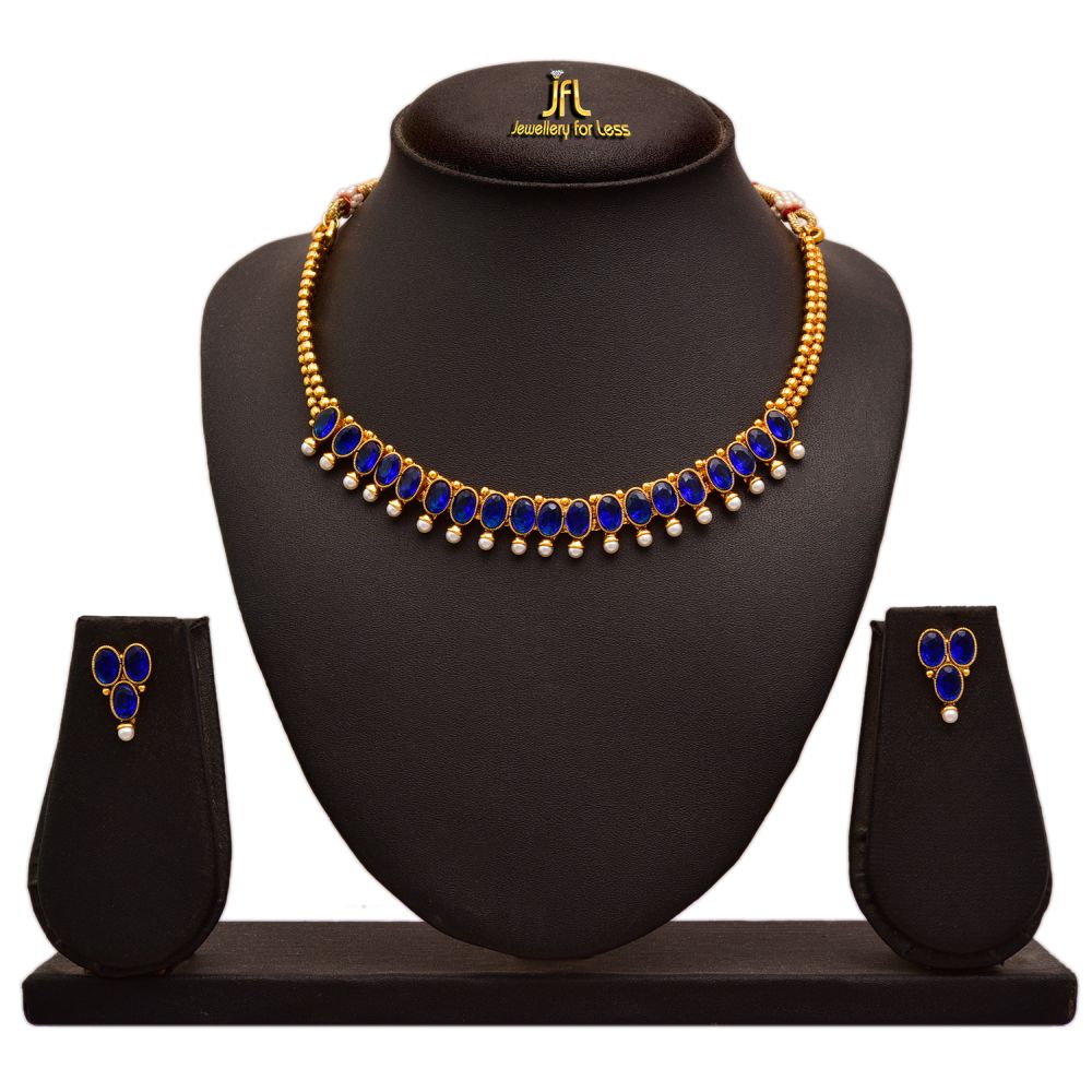 Traditional Ethnic 1G Gold Plated Blue Stone Necklace Set With Earrings For Women 