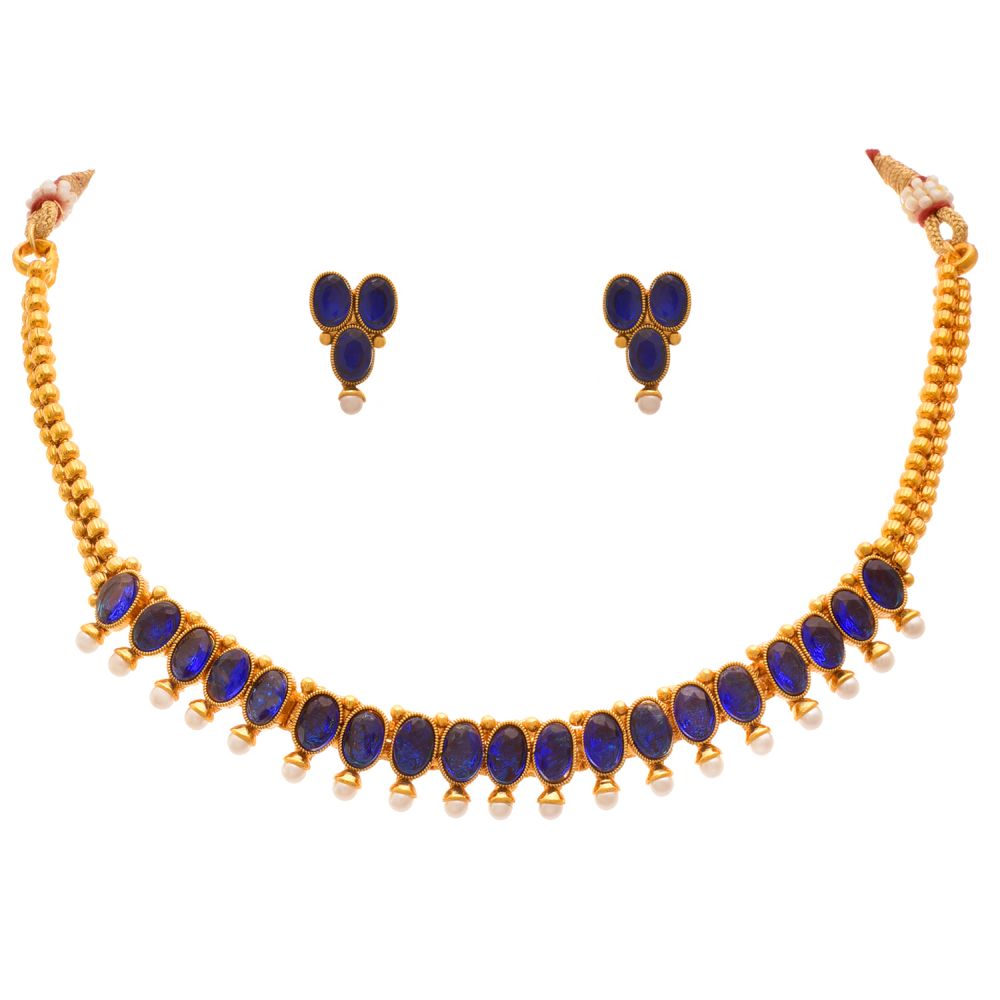 Traditional Ethnic 1G Gold Plated Blue Stone Necklace Set With Earrings For Women 