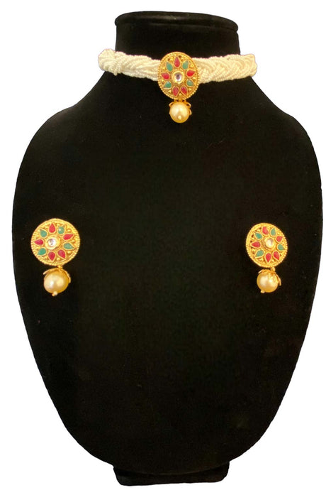 Mini Pearl Choker Set with Gold and Multicolor Locket and Earrings