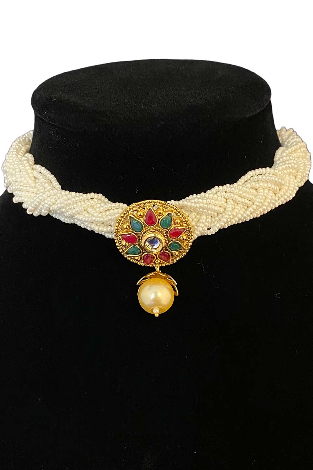 Mini Pearl Choker Set With Gold And Multicolor Locket And Earrings