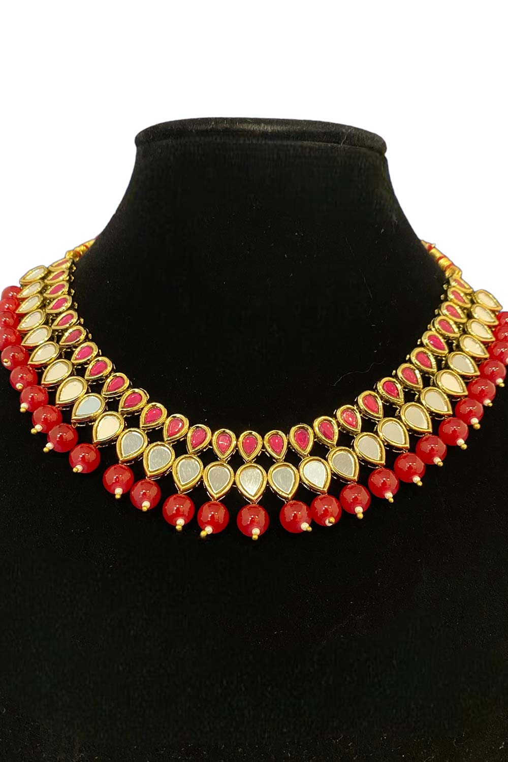 Dark Magenta Stone And Mirror work On Antique Gold Necklace Set With Earrings And Maang Tikka