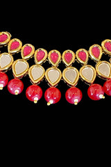 Dark Magenta Stone And Mirror work On Antique Gold Necklace Set With Earrings And Maang Tikka