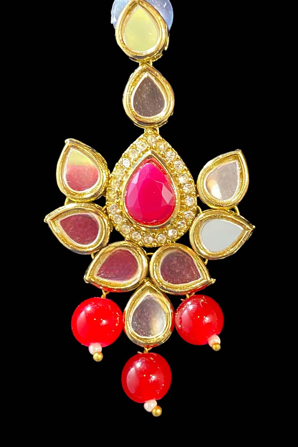 Dark Magenta Stone And Mirror work On Antique Gold Necklace Set With Earrings And Maang Tikka