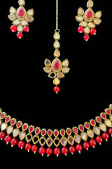 Dark Magenta Stone And Mirror work On Antique Gold Necklace Set With Earrings And Maang Tikka