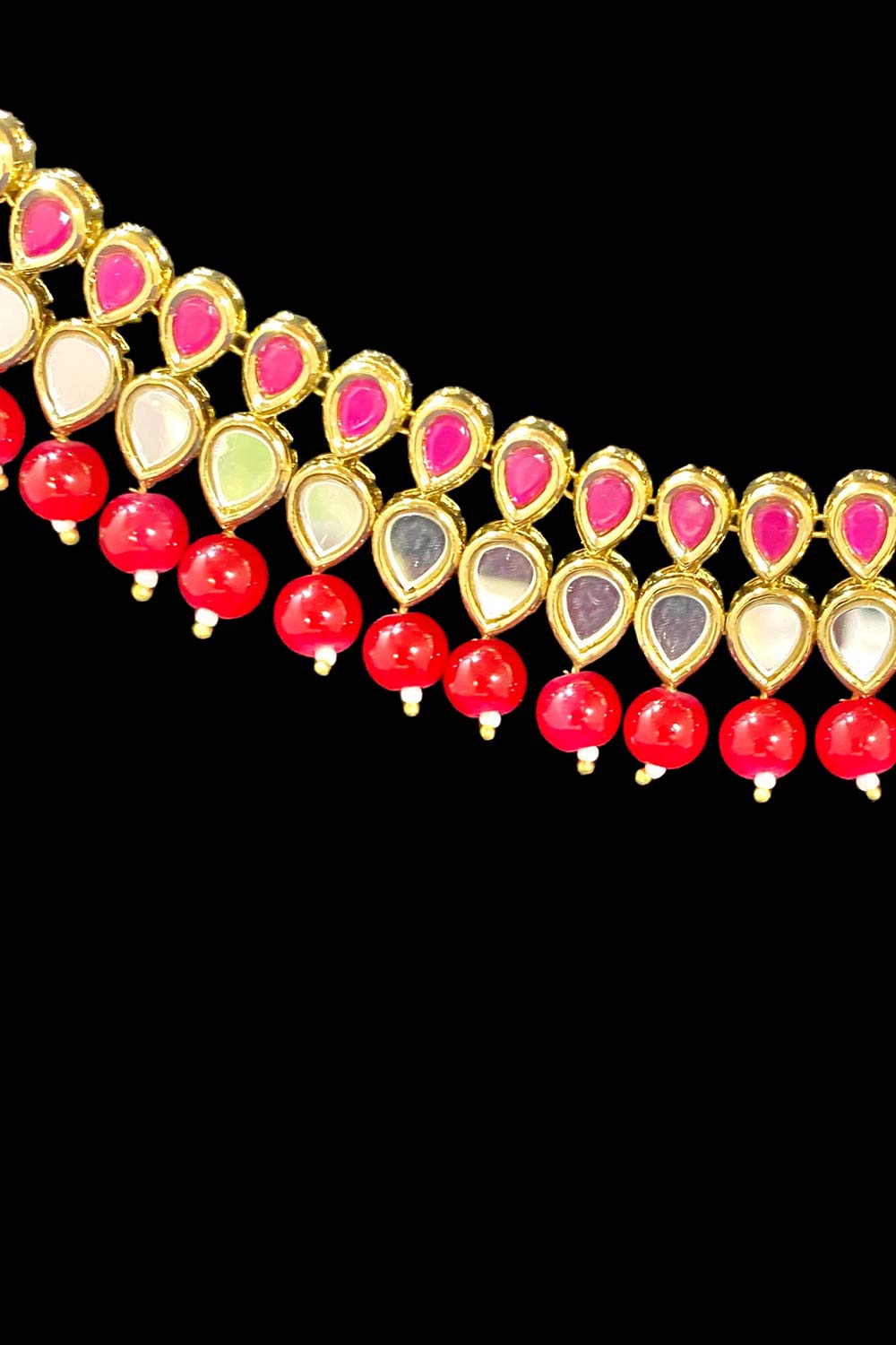 Dark Magenta Stone And Mirror work On Antique Gold Necklace Set With Earrings And Maang Tikka