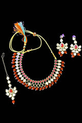 Dark Magenta Stone And Mirror work On Antique Gold Necklace Set With Earrings And Maang Tikka