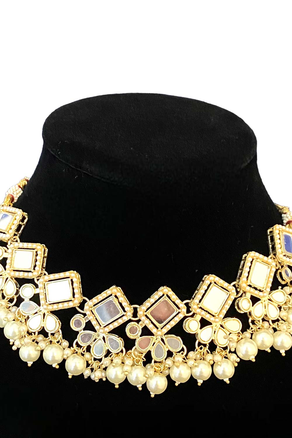 Classic Pearl & Mirror work Necklace Set With Earrings And Maang Tikka