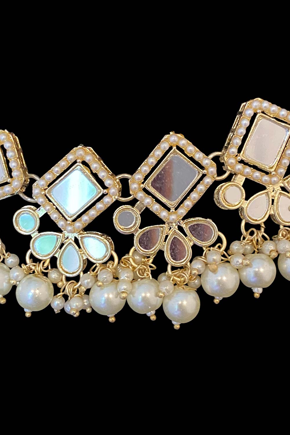 Classic Pearl & Mirror work Necklace Set With Earrings And Maang Tikka