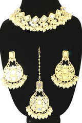 Classic Pearl & Mirror work Necklace Set With Earrings And Maang Tikka