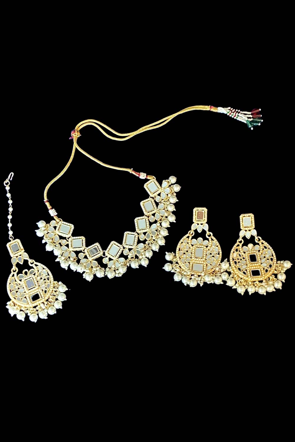 Classic Pearl & Mirror work Necklace Set With Earrings And Maang Tikka