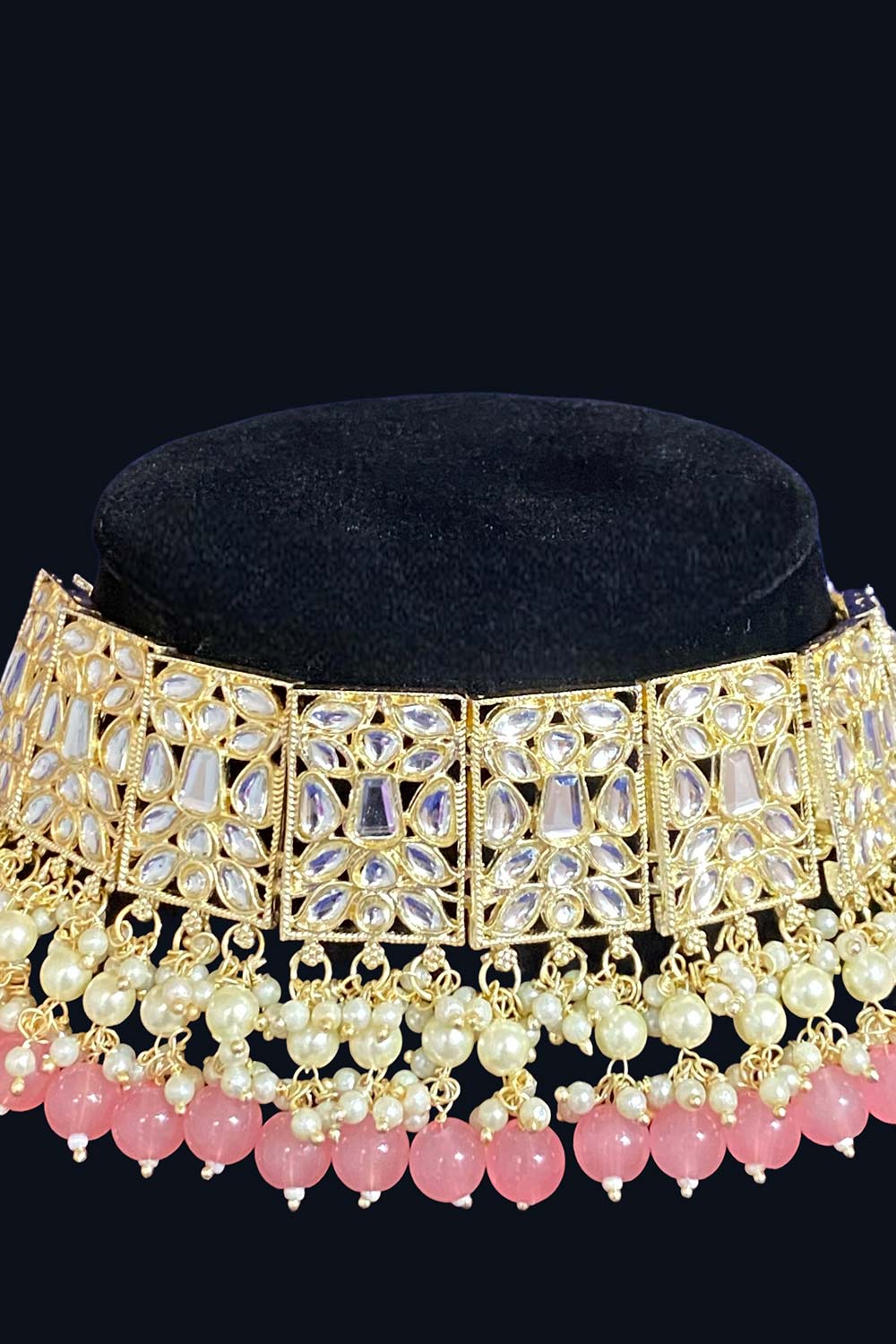 Gold & Pink Stone Choker Set with Earrings and Maang Tikka