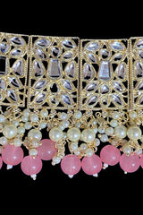 Gold & Pink Stone Choker Set with Earrings and Maang Tikka