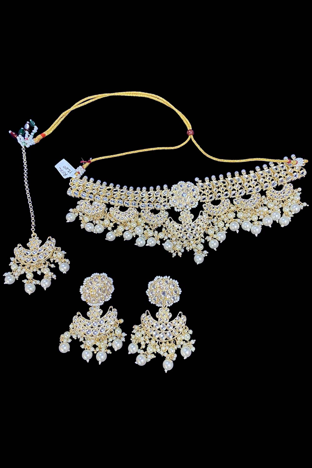 Ornate Miniature Pear Necklace Set With Earrings And Maang Tikka