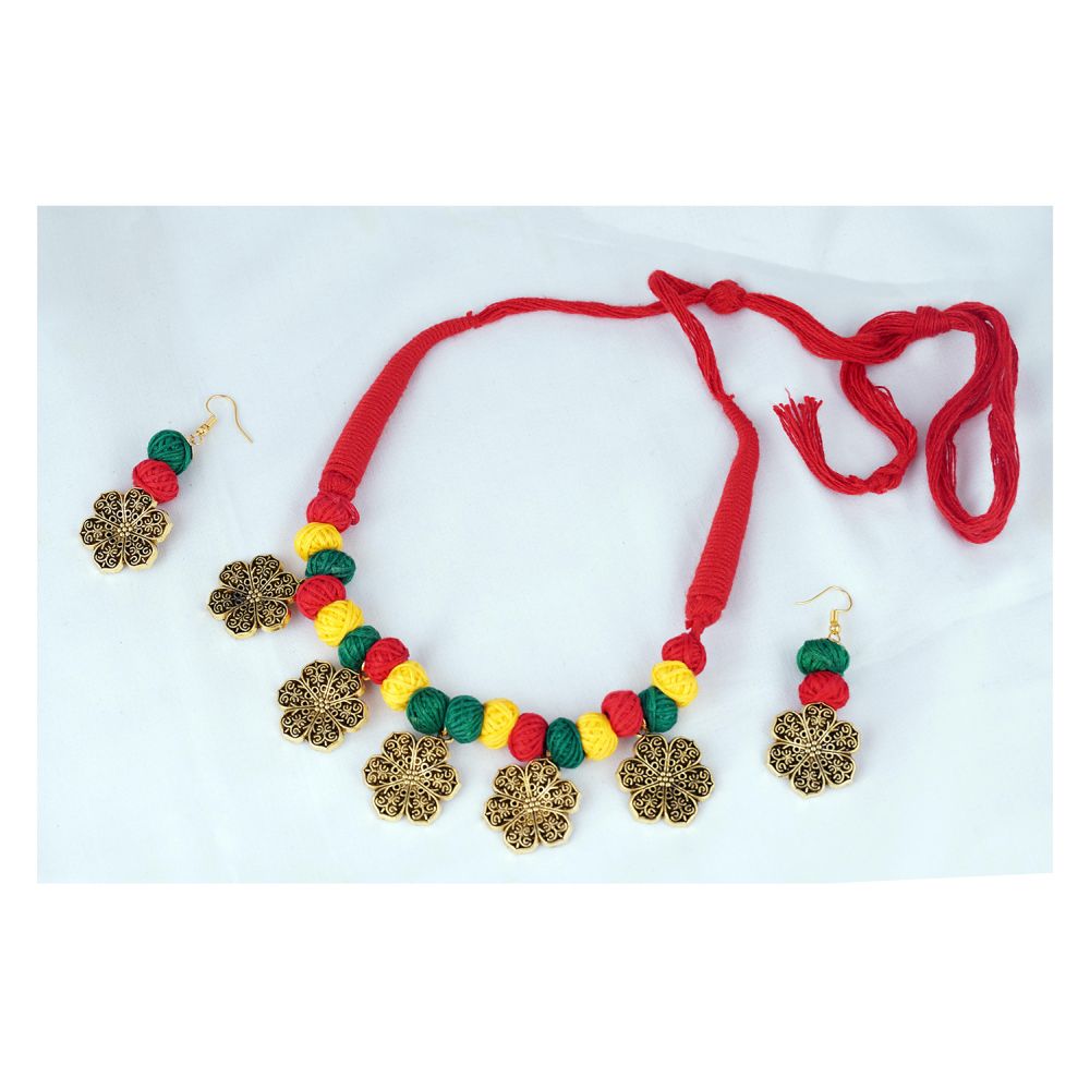 Handcrafted Floral Gold German Silver Oxidized Cotton Beads With Red Cotton Adjustable Thread Necklace Sets 