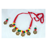 Handcrafted Floral Gold German Silver Oxidized Cotton Beads With Red Cotton Adjustable Thread Necklace Sets 