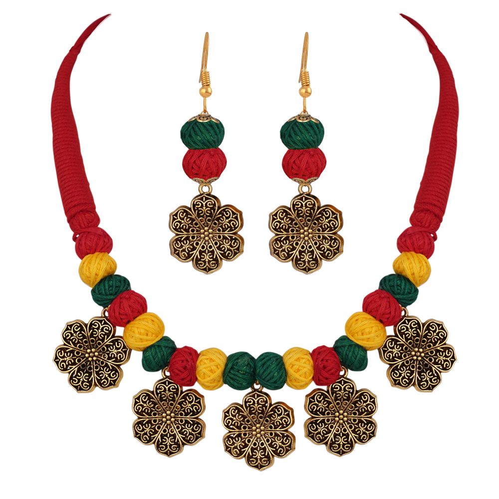 Handcrafted Floral Gold German Silver Oxidized Cotton Beads With Red Cotton Adjustable Thread Necklace Sets 